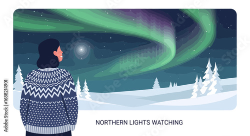 Serene winter landscape with a person gazing in wonder at the vibrant green aurora dancing in the night sky