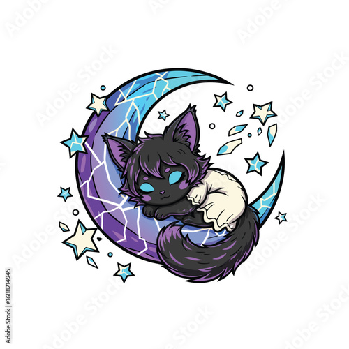 A cute black cat sleeps on a cracked crescent moon with stars.