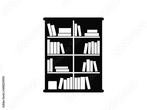 Silhouette of a tall bookshelf filled with many stacked books