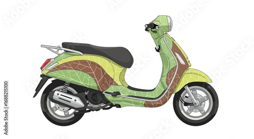 Whimsical illustration of a green and brown patterned motor scooter on white