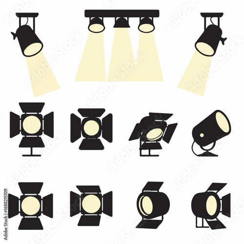 Vector Set of Stage Lights, Spotlights, and Studio Lighting Equipment Icons for Theatrical and Event Design