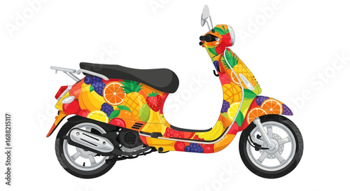 Whimsical scooter adorned with a playful and vibrant fruit pattern design