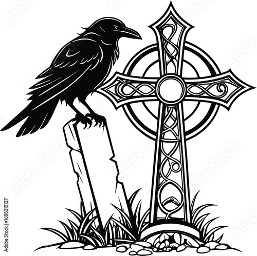 Raven perched on tombstone with celtic cross