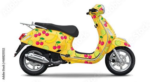 Whimsical illustration of yellow scooter adorned with vibrant fruit patterns