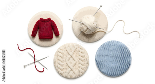 Cozy knitting supplies and finished knitted items, including a red sweater and a ball of wool with needles
