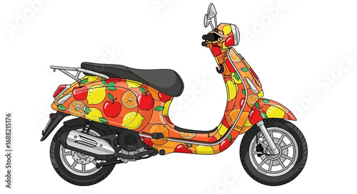 Whimsical scooter adorned with vibrant fruit, a fun and colorful illustration