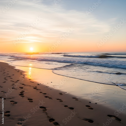 Wallpaper Mural Tranquil Beach Footprints in Wet Sand Leading to Ocean Horizon at Serene environment Torontodigital.ca