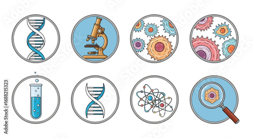 A detailed collection of scientific research icons representing biology, chemistry, and genetics, including microscope, DNA, atom, and cells