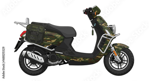 Camouflage pattern modern scooter with rack and bag for an adventurous lifestyle