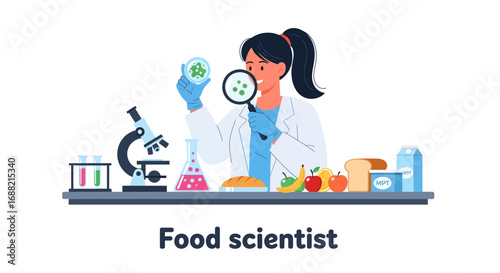Food scientist examining a petri dish with microorganisms under a magnifying glass, representing scientific research in the food industry