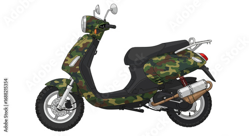 Camouflage Patterned Scooter Illustration on Isolated White Background