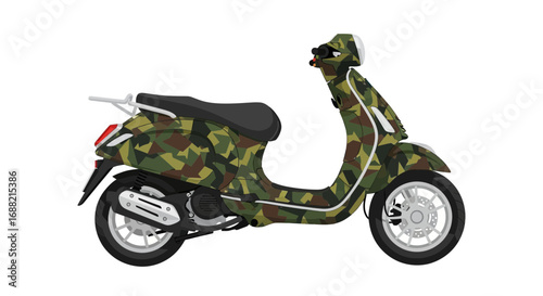 Camouflage patterned scooter parked on an isolated white background