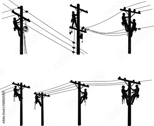 Electricity workers on power pole, lineman repairing utility line, electrical maintenance service, energy distribution system, cad drawing flat vector illustration