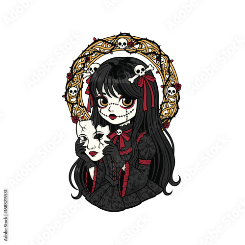 Gothic doll holding a cracked mask with skulls and roses.
