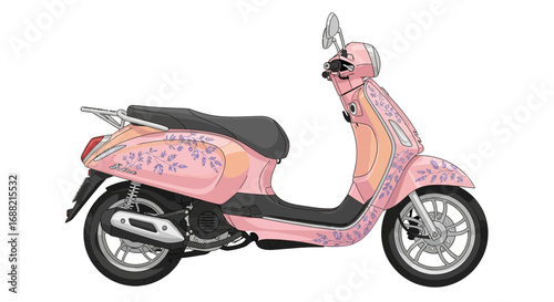 Charming vintage-inspired pink scooter with floral accents on a plain backdrop