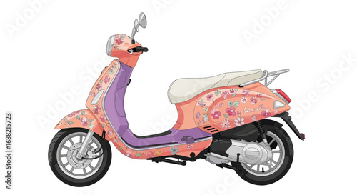 Floral vintage scooter with peach color and purple details illustration