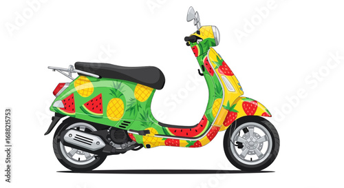 Funky fruit patterned scooter illustration with vibrant summer vibes
