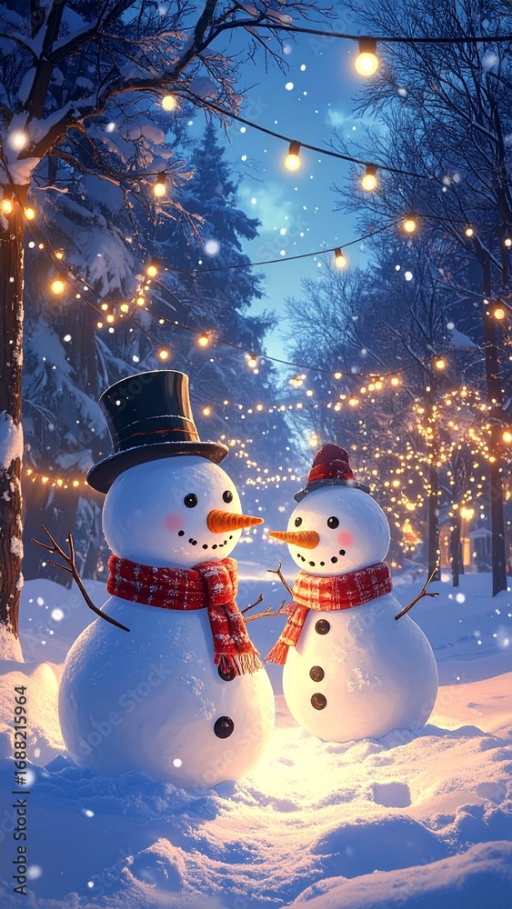 Obraz premium Romantic Winter Snowmen Couple Under String Lights.