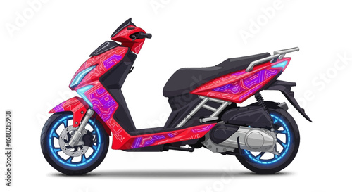 Futuristic red scooter design featuring digital circuit aesthetics for travel