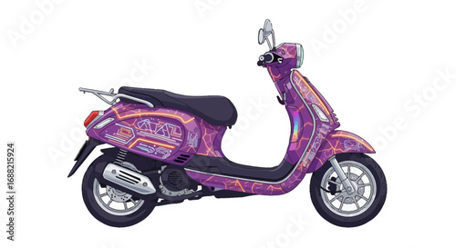 Futuristic purple scooter with glowing cybernetic designs isolated on white