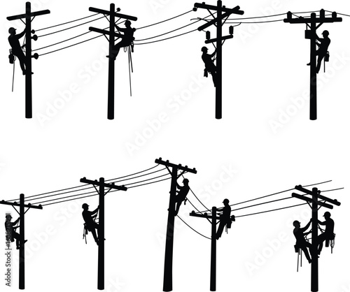 Silhouette of linemen working on utility poles, repairing power lines, electrical maintenance teamwork, CAD drawing flat vector illustration