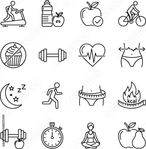 Healthy lifestyle icons set treadmill apple dumbbell cycling calorie sleep running fitness woman apple vector