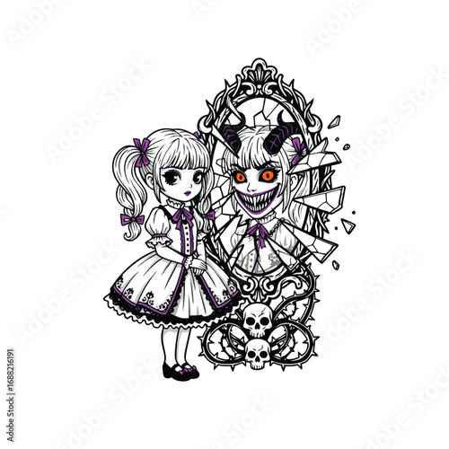 A gothic doll and its demonic reflection in a broken mirror.