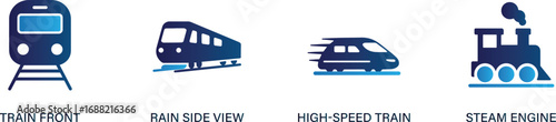  Collection of outline icons including train, railway, subway, station, cargo, passenger, ticket, and locomotive. Perfect for transport, travel, and logistics projects.