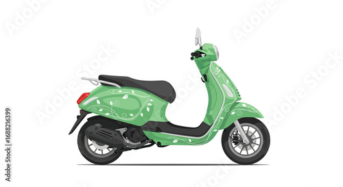 Stylish green scooter with floral design standing on white background