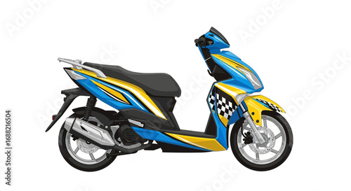Stylized blue and yellow motor scooter with checkered flag racing design