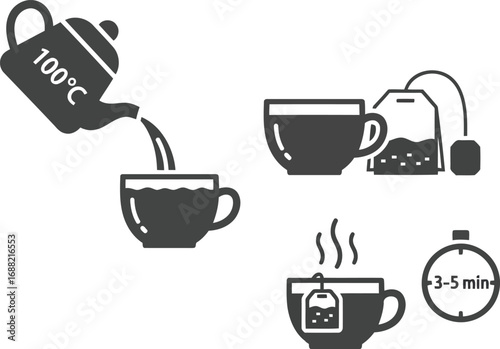 Tea brewing instructions hot water pouring tea bag steeping time infusion process vector