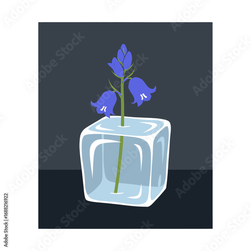 Still Life of Pixelated Bluebell Flowers in Square Vase on Gray Surface with Dark Backdrop Simple Pixel Art Aesthetic Capturing Floral Beauty