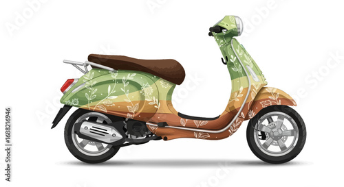 Vintage styled floral scooter illustration against a seamless background