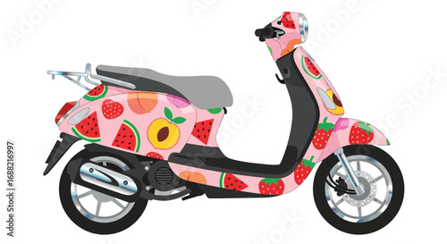 Whimsical fruit themed motor scooter illustration side view, colorful design