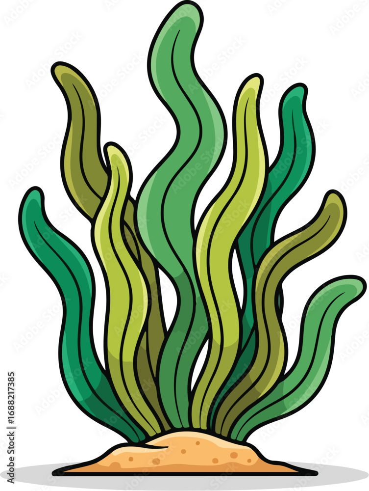 Obraz premium Cartoon Seaweed Plant Underwater Vector, Wavy Aquatic Leaves illustration