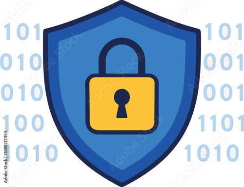 Digital shield and padlock symbol representing cybersecurity and data protection in a binary code environment