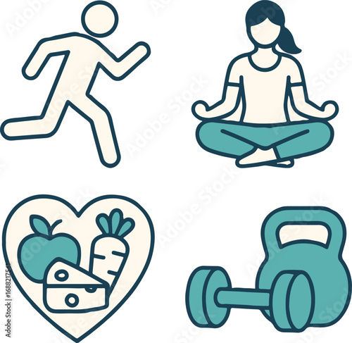 Modern Rowing machine with rowing band outline art &  vector icon set for fitness gym