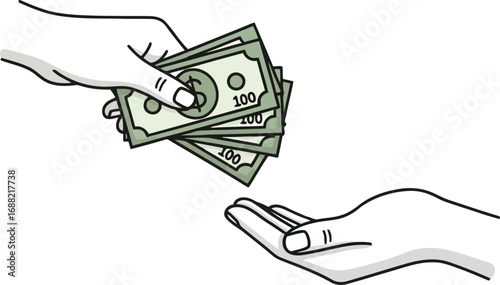 Hand giving money to another hand in a sketch style illustration for financial transactions vector