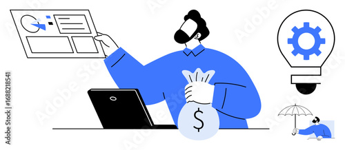 Entrepreneur holding money bag while reviewing analytics on screen next to laptop. Lightbulb signifies ideas umbrella indicates security. Ideal for business, finance, analytics, strategy, innovation