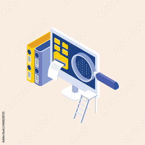 Isometric illustration representing digital document management, data analysis, and information retrieval from an online archive or database