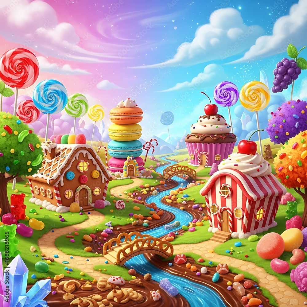 Naklejka premium Sweet Candy Land Dreamy Landscape.