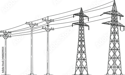 Electricity transmission power lines, high voltage utility poles and steel towers, energy distribution grid system, CAD drawing flat vector illustration
