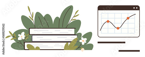 Books surrounded by foliage symbolizing learning and nature, paired with a line chart showing growth. Ideal for education, sustainability, analytics, productivity, self-improvement, research