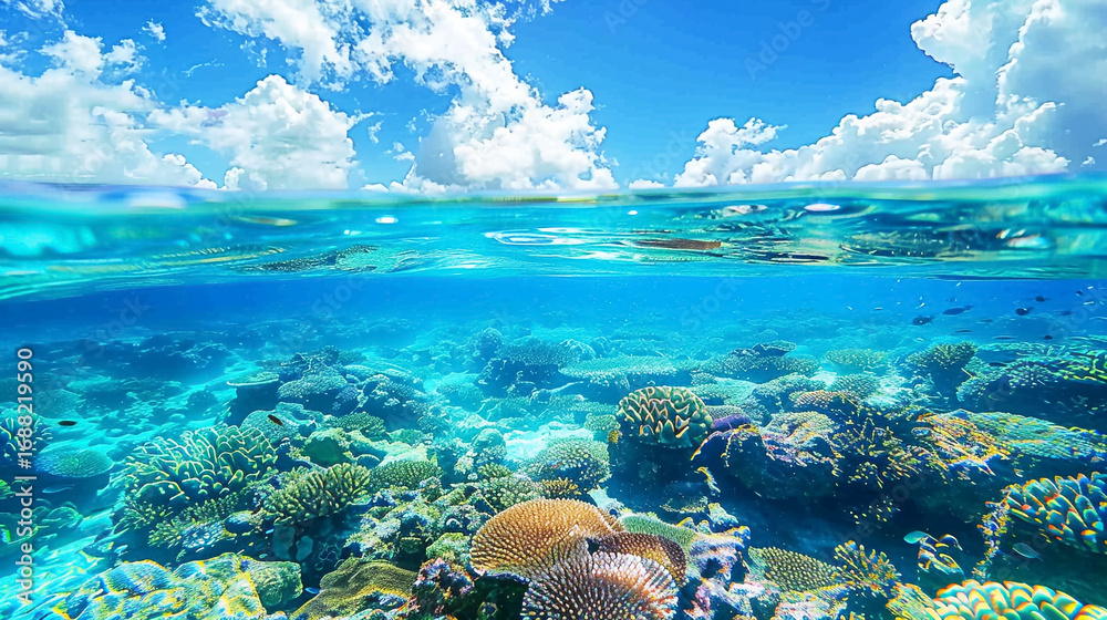 Naklejka premium Underwater coral reef landscape, crystal-clear blue water.