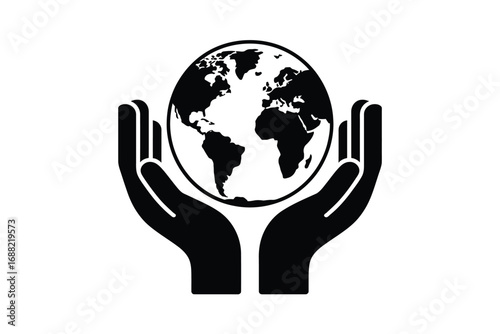 Hands holding a silhouette of the earth representing care and global responsibility