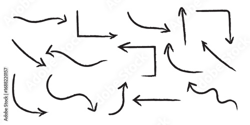 Hand-drawn thin line arrows set. Arrow icon. Doodle arrow. Collection of different arrow signs. Many vector curvy and wavy arrows. White hand-drawn doodle arrow set.