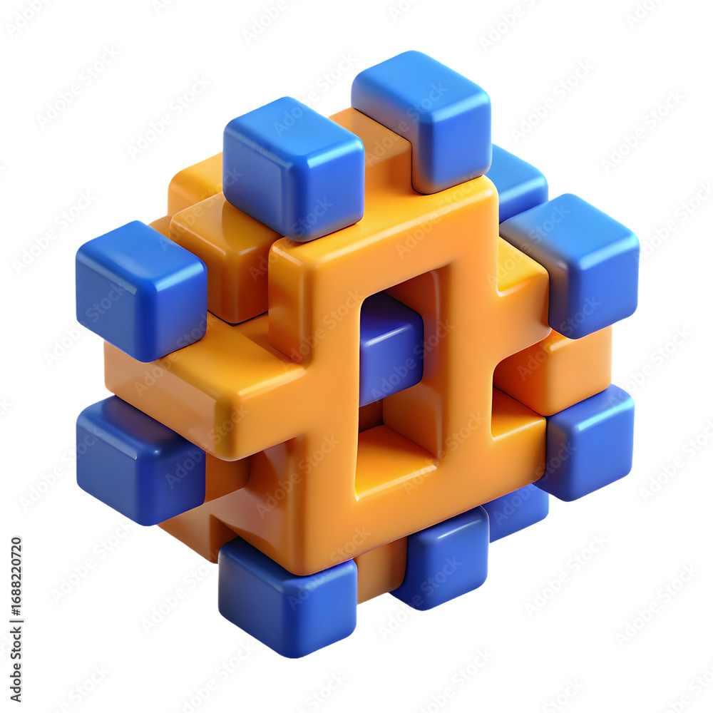 Fototapeta premium Abstract 3d geometric structure composed of interlocking yellow and blue cubic elements