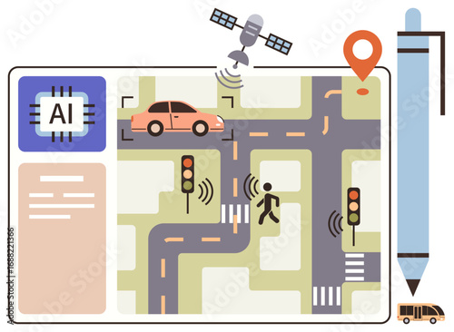AI platform analyzing smart city traffic, featuring car, pedestrian, traffic signals, satellite, navigation pin, and sensors. Ideal for urban planning, AI IoT automation navigation safety