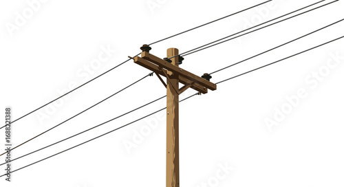Wooden utility pole with electric wires, power transmission structure, electricity distribution line, rural energy connection, cad drawing flat vector illustration