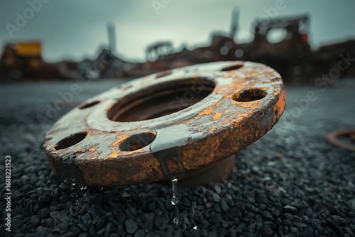 Close up of a rusty industrial metal pipe flange with water droplets in an outdoor scrapyard setting